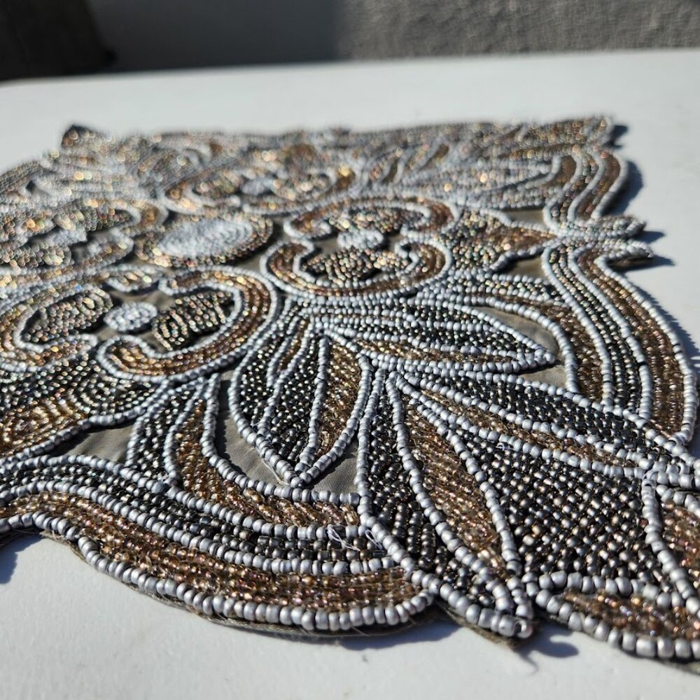 Embroidered Beaded Square Placemat Table Setting Holiday Christmas Decor Silver